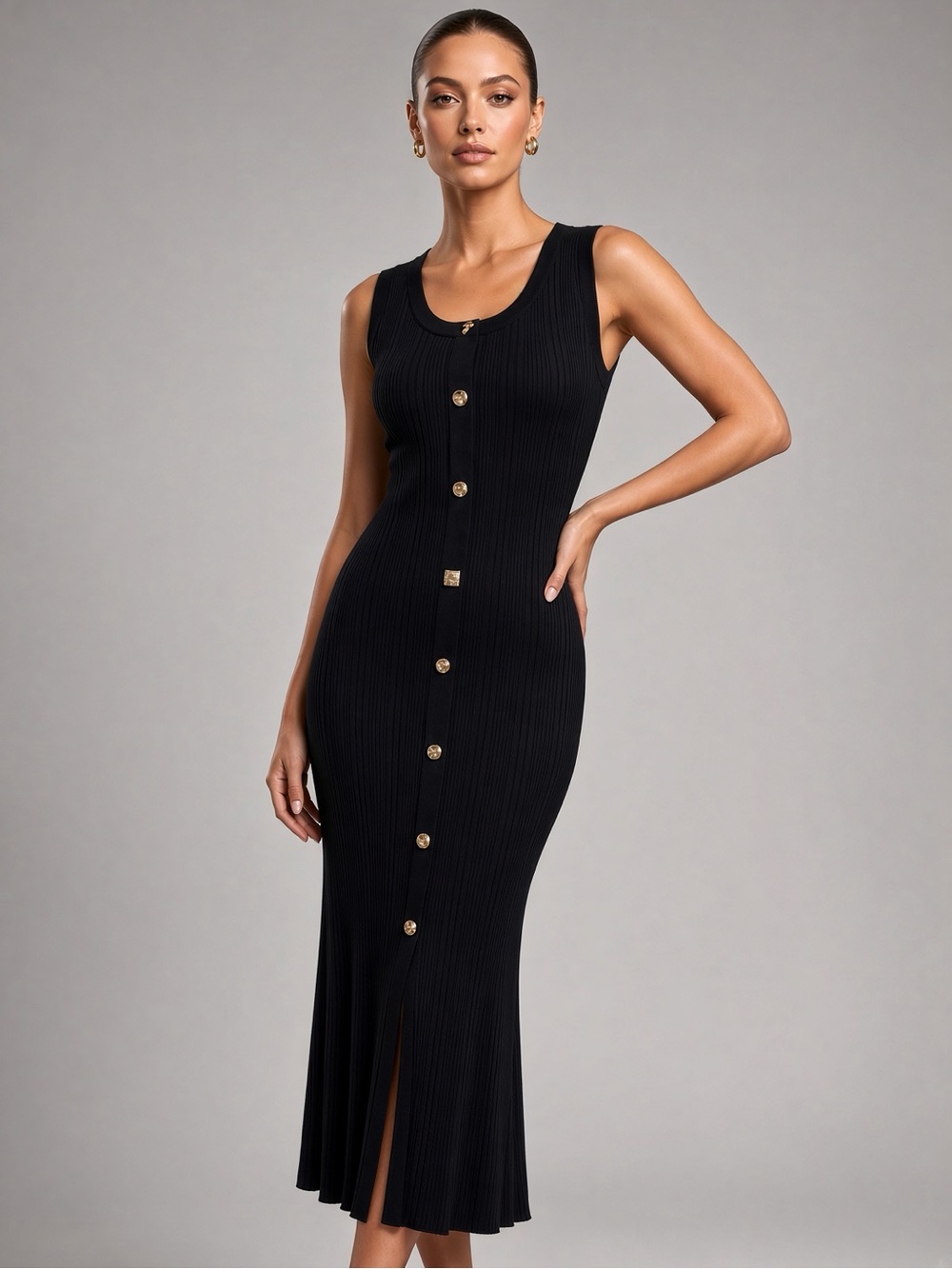 Black Ribbed Knit Midi Dress Size M